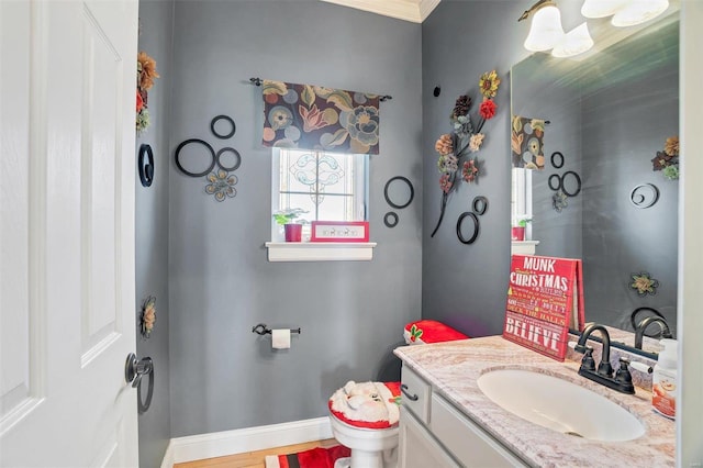 bathroom with toilet, hardwood / wood-style flooring, and vanity