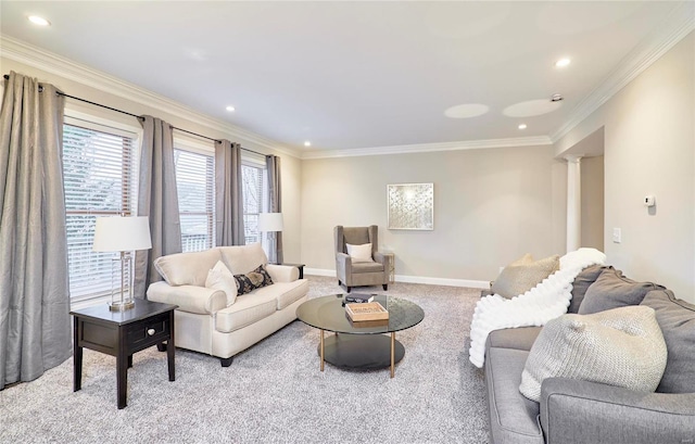 living room with light carpet, decorative columns, and crown molding