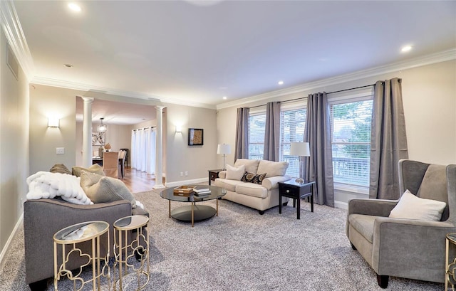 living room with ornamental molding, carpet floors, and decorative columns