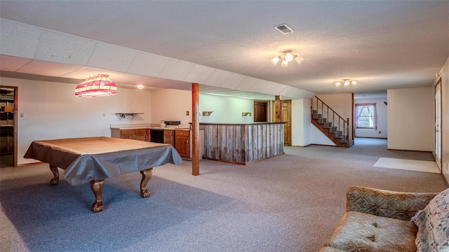 recreation room featuring bar, light colored carpet, and pool table