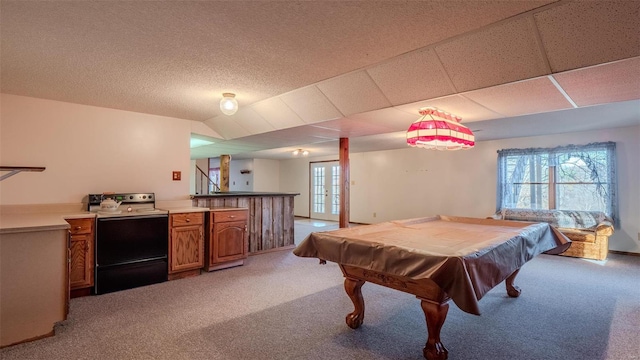 playroom featuring light carpet, french doors, and billiards