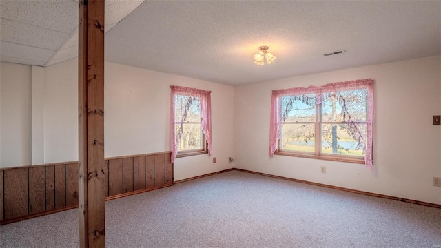 empty room with vaulted ceiling, light carpet, and a textured ceiling