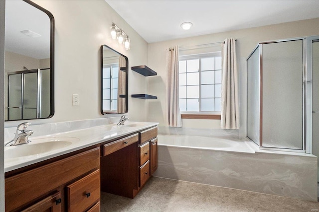 full bathroom with a sink, a stall shower, double vanity, and a bath