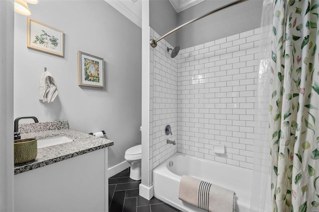 full bathroom with tile patterned floors, crown molding, shower / bath combination with curtain, toilet, and vanity