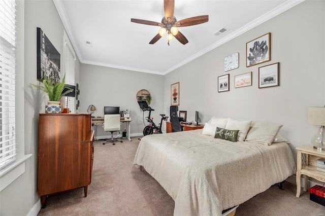 bedroom featuring carpet floors, visible vents, ornamental molding, and baseboards