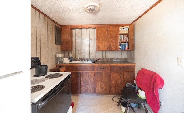 kitchen featuring sink, white refrigerator, electric panel, a textured ceiling, and electric stove