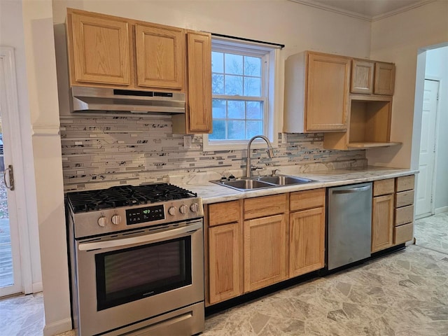 kitchen featuring sink, stainless steel appliances, crown molding, decorative backsplash, and light brown cabinetry