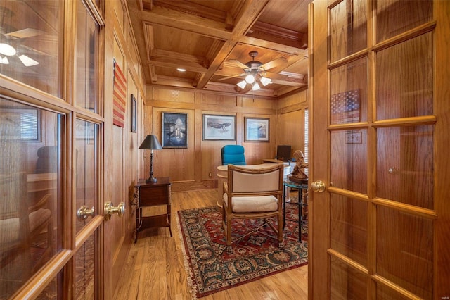 office featuring coffered ceiling, beam ceiling, hardwood / wood-style flooring, wooden ceiling, and wood walls