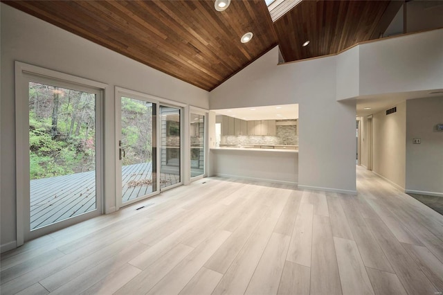 unfurnished living room with a skylight, wooden ceiling, high vaulted ceiling, and light hardwood / wood-style flooring