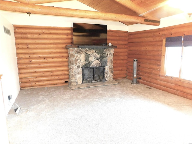 unfurnished living room with carpet floors, log walls, wooden ceiling, a fireplace, and vaulted ceiling with beams