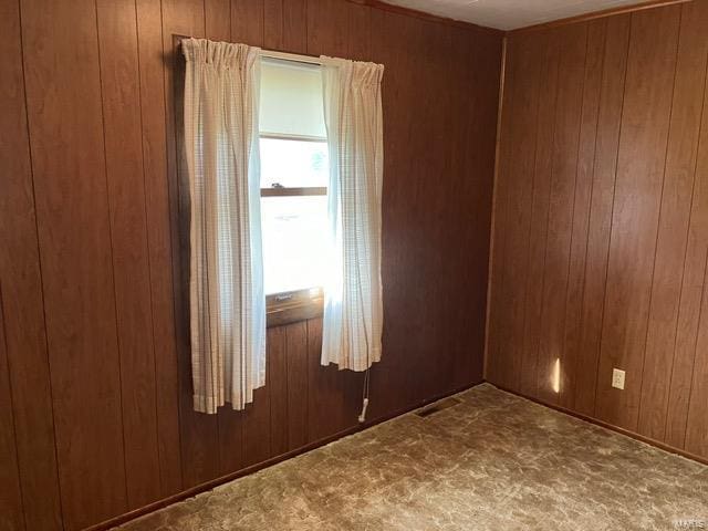 spare room with carpet flooring and wooden walls