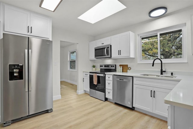 kitchen featuring white cabinets, light wood-type flooring, appliances with stainless steel finishes, and a skylight