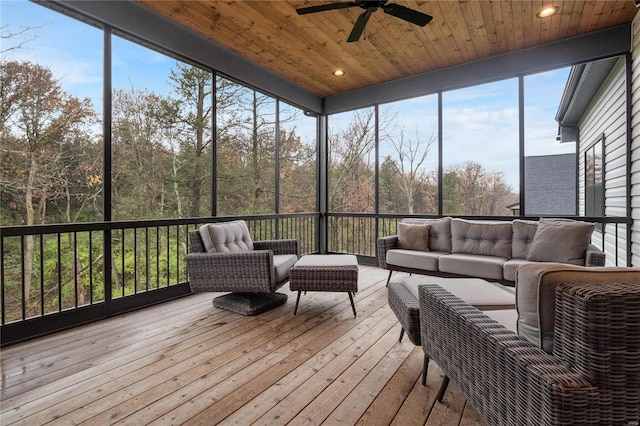 sunroom featuring ceiling fan and wooden ceiling