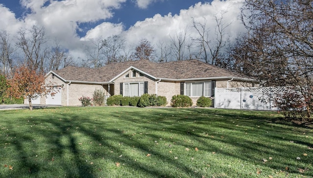 ranch-style house featuring a front yard and a garage