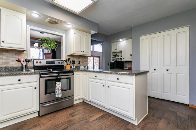 kitchen with dark hardwood / wood-style flooring, backsplash, kitchen peninsula, stainless steel range with electric stovetop, and white cabinets