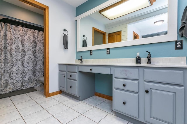 bathroom with tile patterned flooring, vanity, toilet, and a shower with curtain