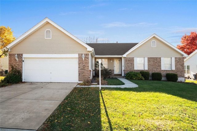 ranch-style house featuring a front lawn and a garage