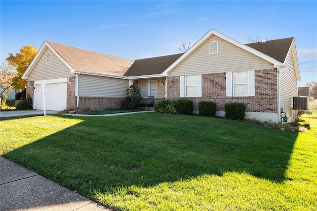 ranch-style home featuring central AC, a front lawn, and a garage