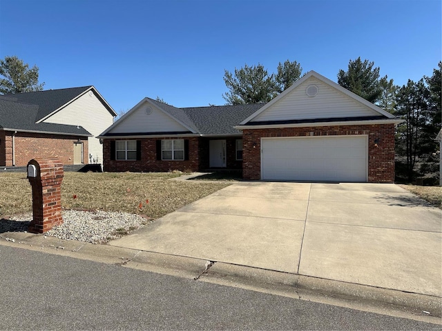 single story home featuring brick siding, driveway, and an attached garage