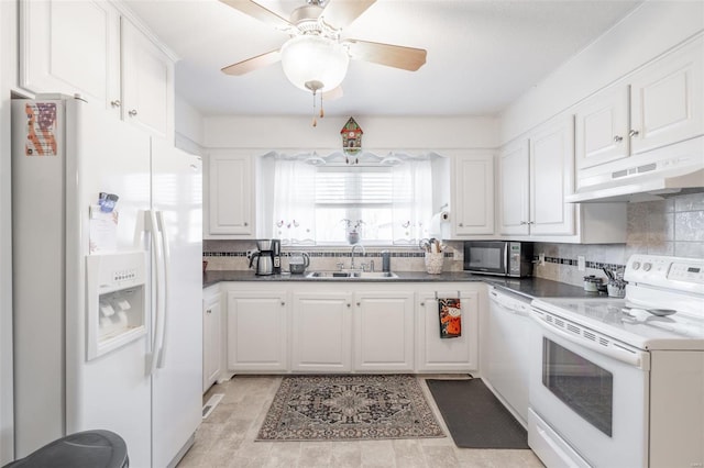 kitchen featuring white cabinetry, sink, white appliances, and custom exhaust hood