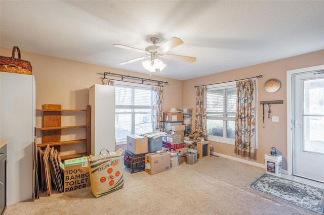 misc room with carpet flooring, a wealth of natural light, and ceiling fan