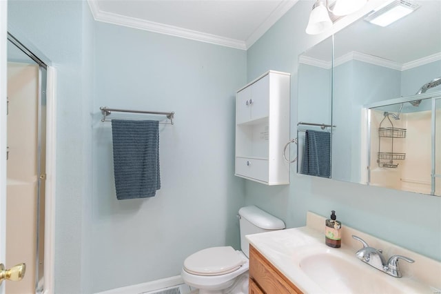 full bath with toilet, a shower with door, ornamental molding, and vanity