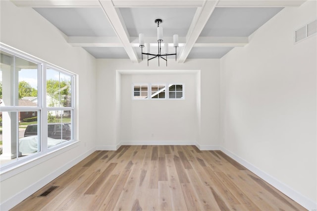 unfurnished dining area with coffered ceiling, light wood-type flooring, beamed ceiling, and a chandelier