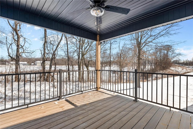 snow covered deck with ceiling fan