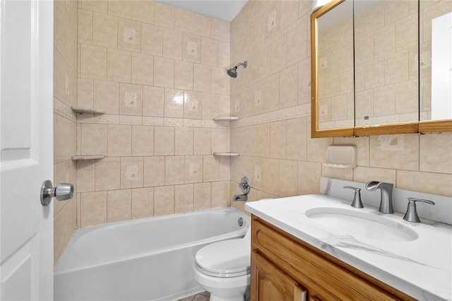 full bathroom with backsplash, toilet, vanity, tile walls, and tiled shower / bath