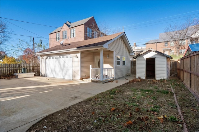 exterior space with a storage shed