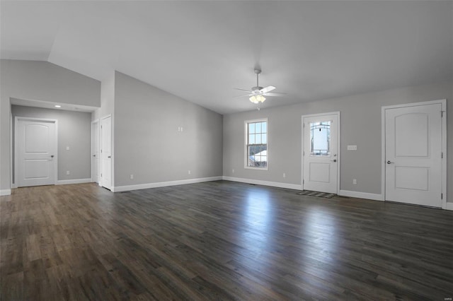 unfurnished living room with vaulted ceiling, ceiling fan, and dark hardwood / wood-style flooring