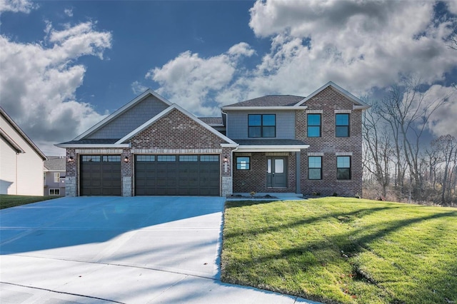 craftsman-style house with a garage and a front lawn