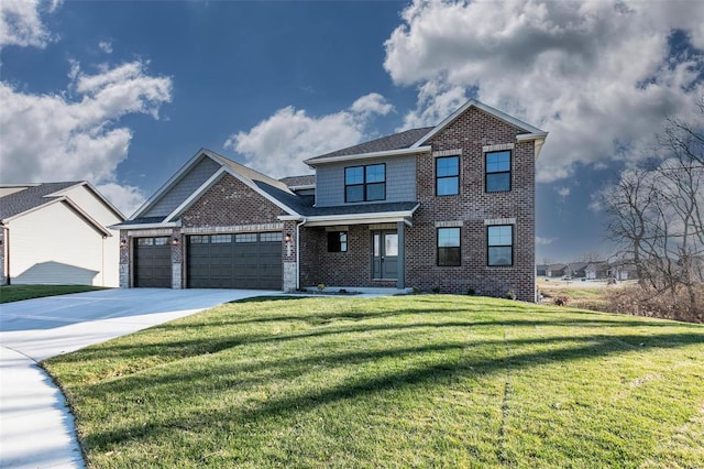 view of front of property featuring a garage and a front lawn