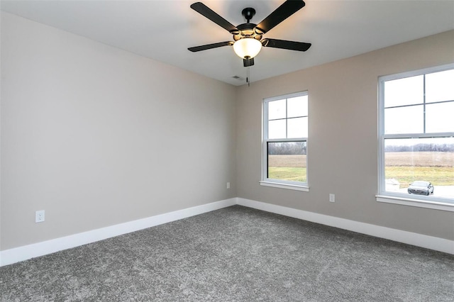 spare room featuring carpet floors, a wealth of natural light, and ceiling fan