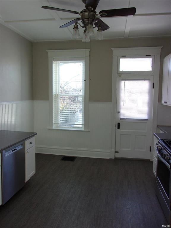 kitchen featuring white cabinets, plenty of natural light, dark hardwood / wood-style flooring, and stainless steel dishwasher