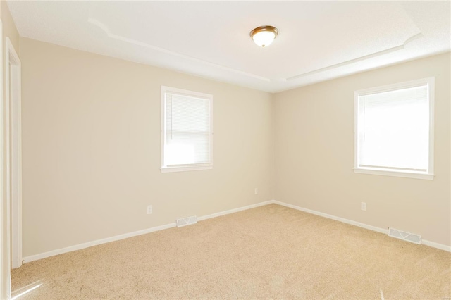 unfurnished room with light colored carpet