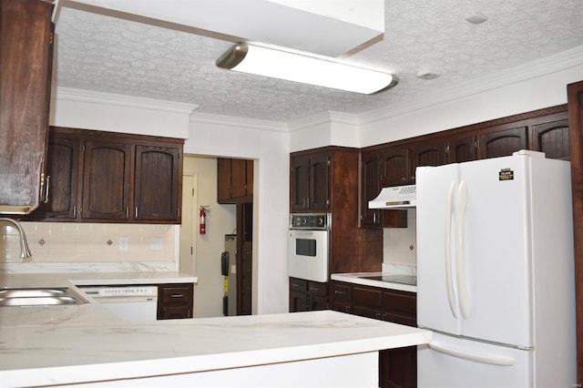 kitchen with dark brown cabinets, white appliances, crown molding, and sink