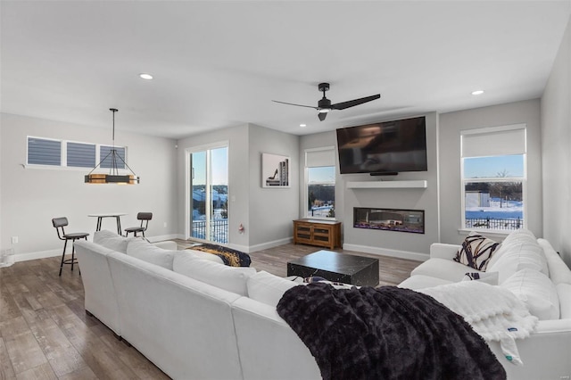 living room with wood-type flooring, ceiling fan, and plenty of natural light