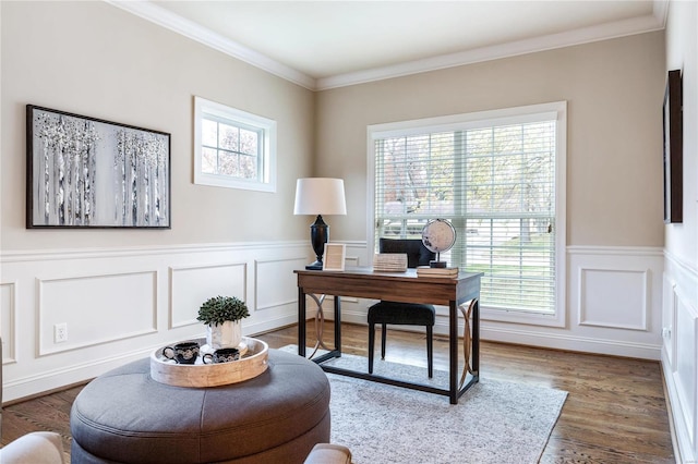 office with hardwood / wood-style flooring and ornamental molding