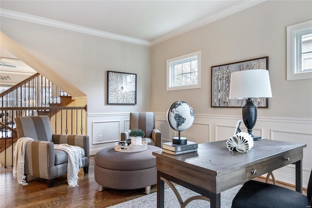 office featuring wood-type flooring and crown molding