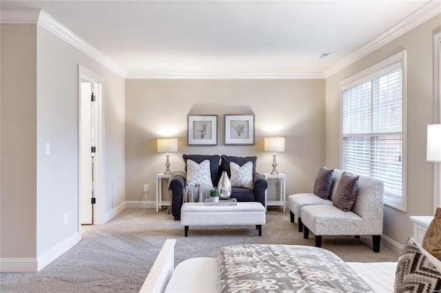 living room with light colored carpet and ornamental molding