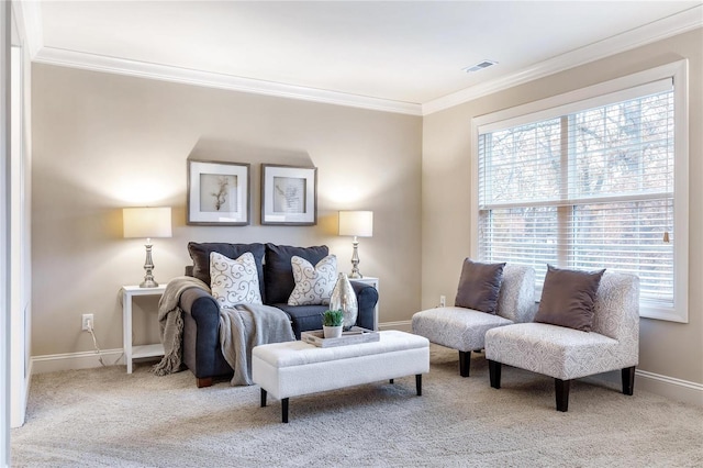 living room featuring ornamental molding and carpet floors