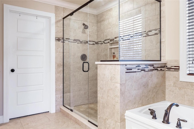 bathroom featuring crown molding, tile patterned flooring, and plus walk in shower