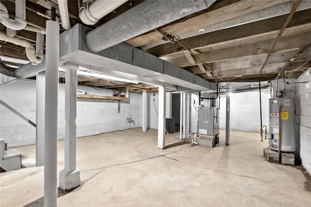 basement with heating unit and water heater