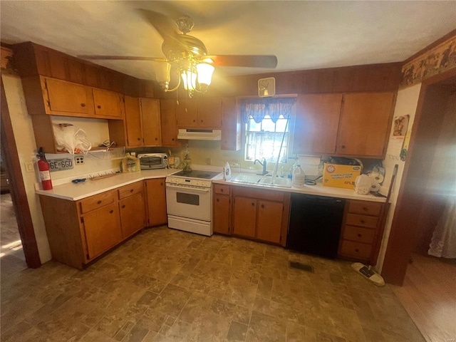 kitchen featuring white electric range oven, ceiling fan, dishwasher, and sink