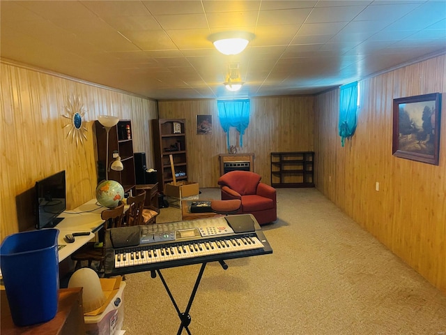 sitting room featuring carpet flooring and wood walls