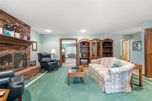 living room with a fireplace and carpet floors