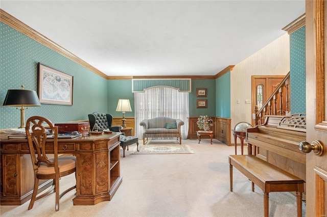 office space featuring carpet floors and crown molding