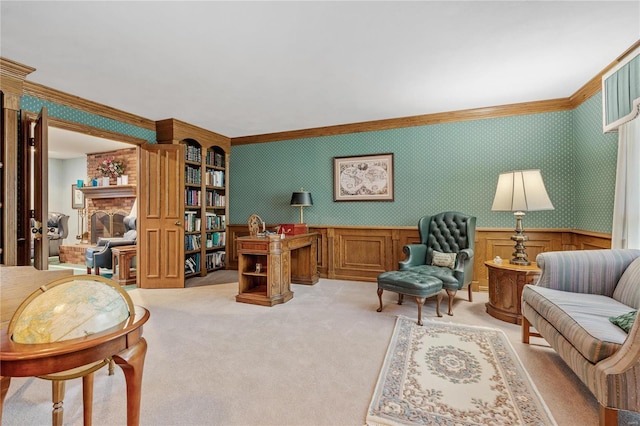 interior space with a brick fireplace and ornamental molding