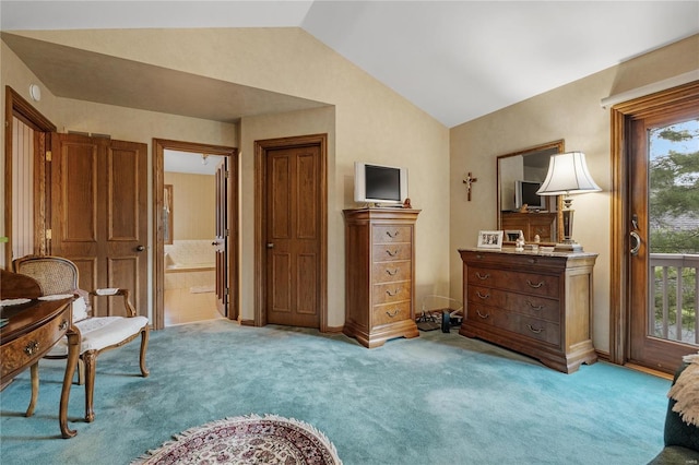 living area featuring light carpet and lofted ceiling